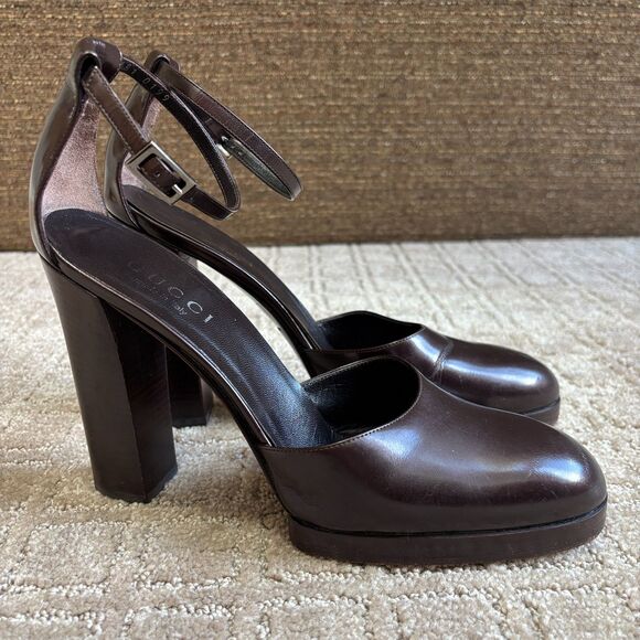 Gucci VTG 90s Mary Jane Platform Heels Womens 8.5B Brown Leather Ankle Strap Y2K - Picture 1 of 14